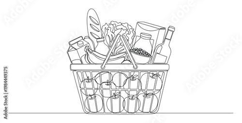 One continuous line drawing of a shopping basket brimming with fresh groceries and everyday food items for supermarket, store, and healthy eating promotions.