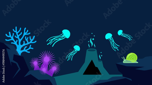Underwater Volcanic Scene with Marine Life