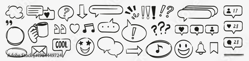 Сommunication doodle set with speech bubbles, emojis, notifications and chat icons. Minimal line art for social media, messaging apps, UI design and digital interaction concepts.