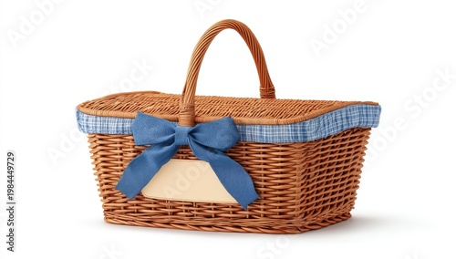 Wicker picnic basket with blue gingham lining, bow, and blank tag