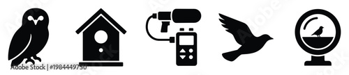 Collection of bird related icons including an owl, a birdhouse, a parabolic microphone, a flying bird, and a bird feeder for nature and wildlife observation projects.