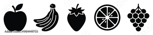 A collection of simple black fruit silhouettes including apple banana strawberry orange slice and grapes perfect for healthy food branding and nutritional diet projects