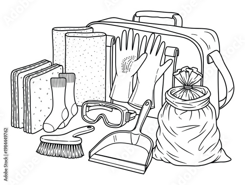 Essential household cleaning tools and safety equipment like gloves, goggles, and absorbent pads neatly arranged for tidiness and preparedness themed projects