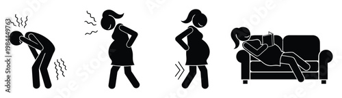 Black stick figure graphics illustrating common pregnancy symptoms like morning sickness and back pain, transitioning to an expectant mother relaxing on a sofa, useful for health and