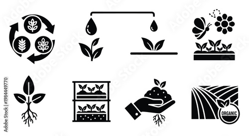 Farming and agriculture icons showcasing sustainable practices like crop rotation, irrigation, indoor planting, and organic cultivation, ideal for environmental and agribusiness projects.