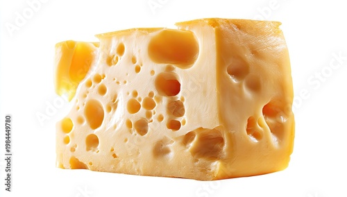 Yellow cheese block with numerous, irregular holes and a light texture