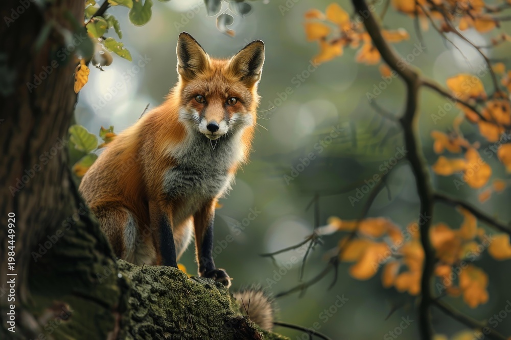 Fototapeta premium Wild red fox resting on a mossy branch in the woods during fall season