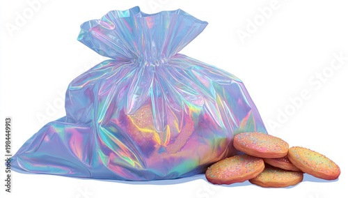 Shiny, iridescent bag overflowing with cookies; several scattered nearby