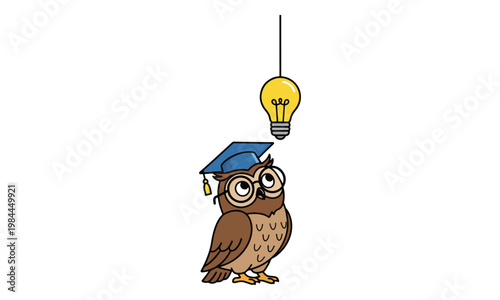 Wise owl wearing mortarboard and glasses looking at light bulb idea