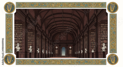 Intricate Celtic Border Embellishes Grand Library Interior Vector Illustration, Abstract Background, Colorful, Modern, Digital Art