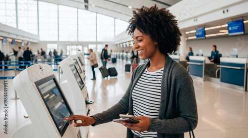 Smiling woman using airport self-service kiosk for check-in and boarding pass