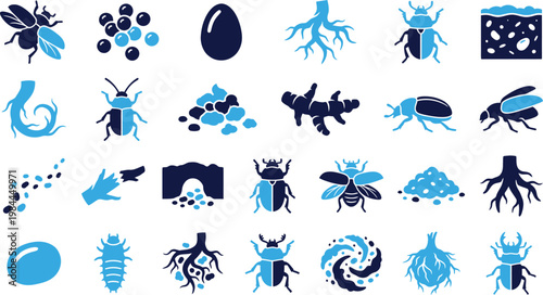 Insects and plant roots icons in blue and navy simple flat style.