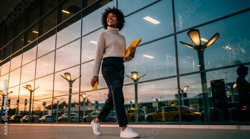 Smiling businesswoman walking confidently with a folder and phone near a modern glass building