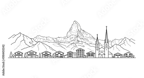 Mountain village with church steeple.