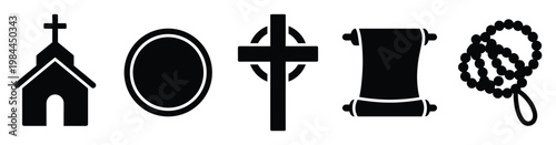 Spiritual and religious iconography featuring a church, rosary beads, Celtic cross, scroll, and oval, perfect for faithbased graphic designs, educational presentations, and devotional