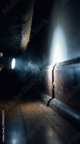 Flashlight beam reveals a deep crack in a wooden baseboard with dust in the air. Represents home inspection and pest detection. Useful for pest control or maintenance services.