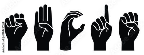 Black silhouette hands demonstrating American Sign Language alphabet gestures for A, B, C, D, E providing essential visual communication resources for education and awareness purposes