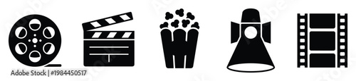 Essential cinema film production icons featuring movie reel, clapperboard, popcorn, studio spotlight, and film strip, perfect for entertainment branding, media projects, and video content.
