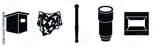 Comprehensive collection of essential hunting and wildlife observation equipment icons, featuring a blind, camouflage, monopod, scope, and window, ideal for outdoor adventure guides and
