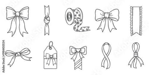 Decorative ribbon and bow collection outline drawings featuring various styles from classic gift wraps to a patterned spool and a looped awareness symbol perfect for holiday greeting
