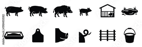 Detailed black silhouette vector icons featuring domestic pigs, wild boars, piglets, pigsty, mud puddle, and farming elements for agricultural and livestock industry applications.