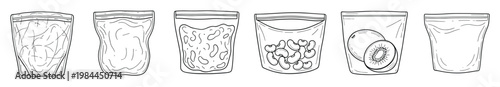 Hand drawn collection of versatile stand up zipper pouches and flexible food bags for packaging various dry goods and fresh produce applications in retail and food service