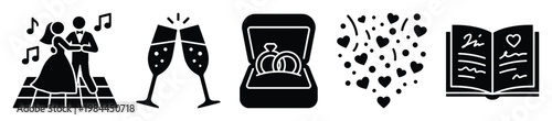 Wedding celebration icons set illustrating dancing couple, celebratory champagne toast, engagement rings, joyful heart confetti, and a romantic love story book for various event planning