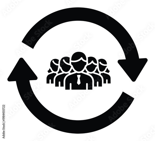 Professional team collaboration cycle showing business workflow with dynamic arrows symbolizing continuous improvement and group effort for corporate communication and strategy