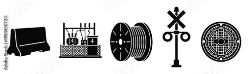 Diverse set of essential infrastructure and utility black glyph icons featuring traffic barrier electrical substation cable reel and railroad crossing with manhole cover for engineering