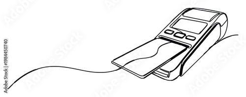 Continuous line drawing depicting a payment terminal processing a monetary transaction with a bank instrument, perfect for modern finance, technology, or businessrelated presentations and