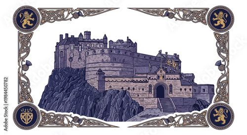 Vector illustration of an abstract, colorful, modern, digital art background featuring Edinburgh Castle, with ornate borders and lions