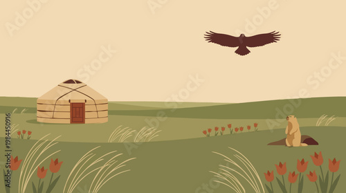 Serene Mongolian Landscape with Yurt and Wildlife