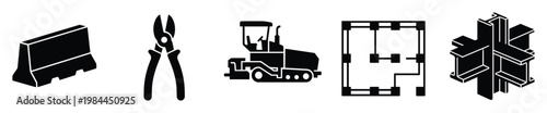 Vital construction elements, industrial tools, and heavy machinery icons for engineering project blueprints, building industry graphics, architectural planning, and infrastructure