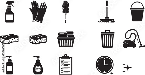 Cleaning Supplies and Tools Icon Set Vector Graphics