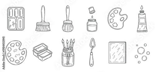 Handdrawn outline set of various artist painting and drawing tools including palettes, brushes, and paints, perfect for craft projects or educational graphic resources.