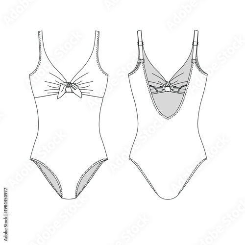 Hand drawn woman swimsuit, technical vector drawing, template, sketch, flat, mock up. Recycled PA, Recycled PES, Lycra fabric, front and back view