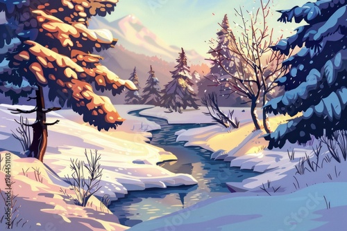 Tranquil winter scene featuring a winding stream and snow laden trees