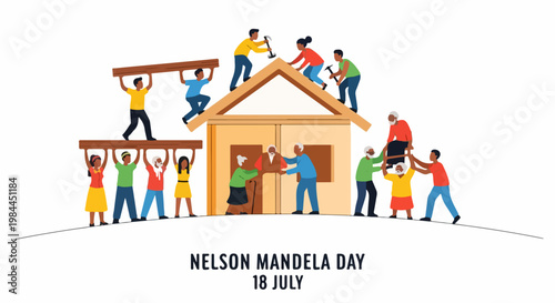 Community building house vector illustration for Nelson Mandela Day celebration. People working together constructing home, symbolizing unity and collective effort.