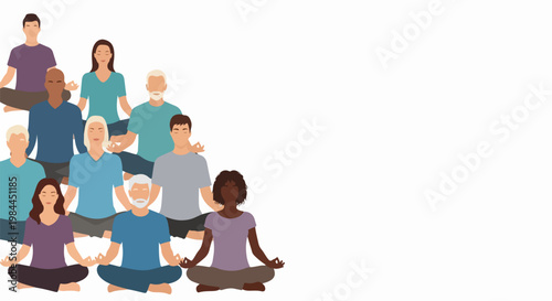 Diverse group meditating in yoga poses, vector illustration for wellness and mindfulness. for branding, packaging, banner, poster, website header, and social media design use