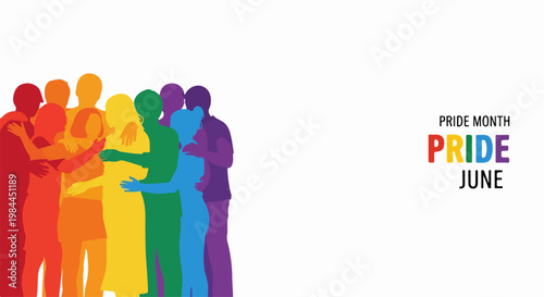 Pride month vector illustration with diverse people embracing in rainbow colors, celebrating LGBTQ+ community unity and love during June.