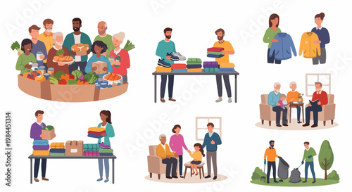 Vector illustration of diverse people volunteering and donating food at community event, helping others in need.