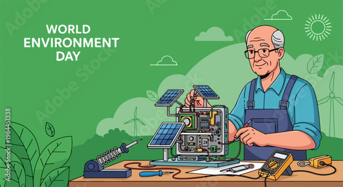 World Environment Day concept with engineer working on sustainable energy solutions in vector style. Engineer in workshop with solar panel and eco friendly technology.