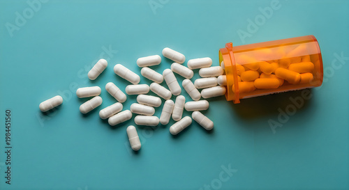 Spilled prescription medication white capsules and orange bottle on blue surface