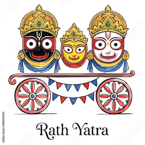 Happy Rath Yatra Lord Jagannath festival on colorful chariot. Indian festival Ratha Yatra of Lord Jagannath Balabhadra and Subhadra. Whimsical watercolor Rath Yatra chariot with bunting, golden crowns