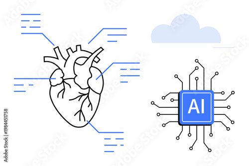 Medical innovation, heart health tracking, AI research, data analysis, future healthcare, cardiology evolution. ion of a heart with AI technology. Medical innovation and AI research concept