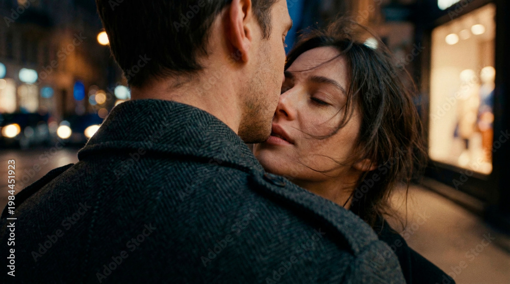 Fototapeta premium Couple sharing an intimate kiss on a city street at night with blurred lights