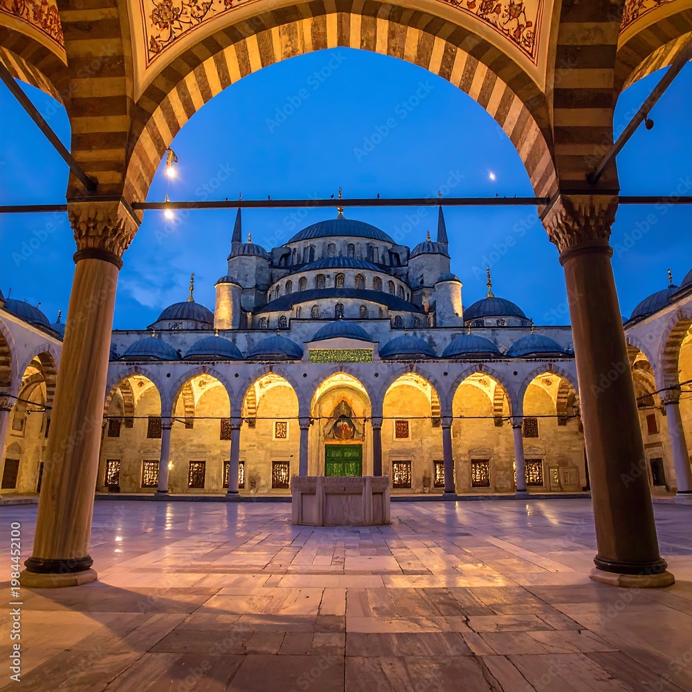 Fototapeta premium A majestic mosque courtyard with arches and columns at dusk