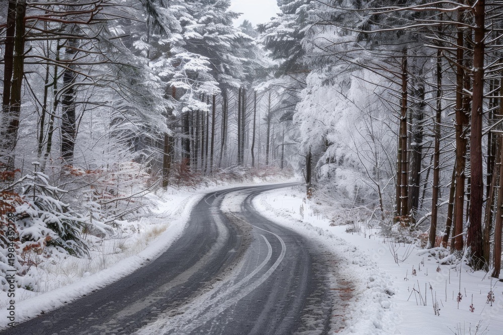 Obraz premium Empty asphalt road winding through snowy forest in winter