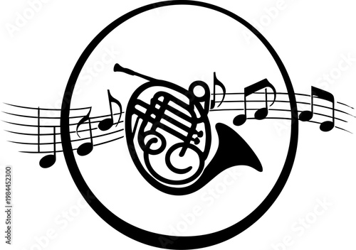 French horn music logo with notes and staff