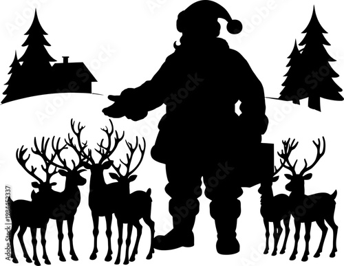 Santa silhouette with reindeer in snowy forest scene